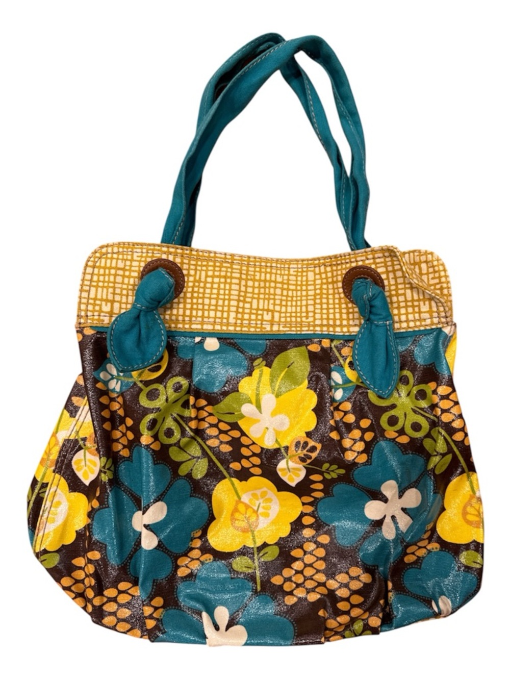 Fossil large floral canvas coated shoulder bag tote teal yellow green EUC